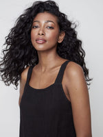 Charlie B Square Neck Linen Cami with Frayed Hem - Black
