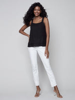 Charlie B Square Neck Linen Cami with Frayed Hem - Black