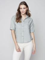 Charlie B Crop Linen Drop Shoulder Button-Down Blouse - Basil