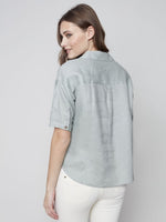Charlie B Crop Linen Drop Shoulder Button-Down Blouse - Basil