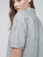 Charlie B Crop Linen Drop Shoulder Button-Down Blouse - Basil