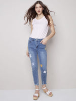 Charlie B Printed Daisies Stretch Denim Pant with Ripped Details
