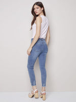 Charlie B Printed Daisies Stretch Denim Pant with Ripped Details