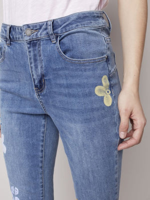Charlie B Printed Daisies Stretch Denim Pant with Ripped Details