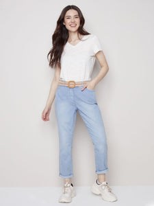 Charlie B Chambray Pull-On Pant with Elastic Waist and Assorted Belt