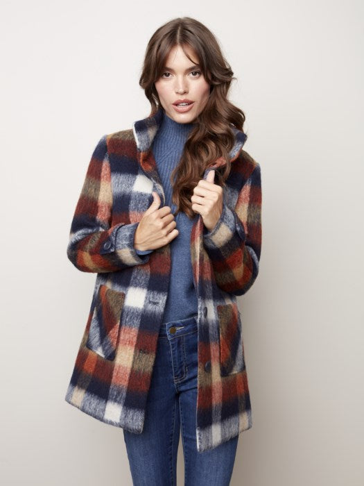 Plaid Brushed Wool Button Front Plaid Coat