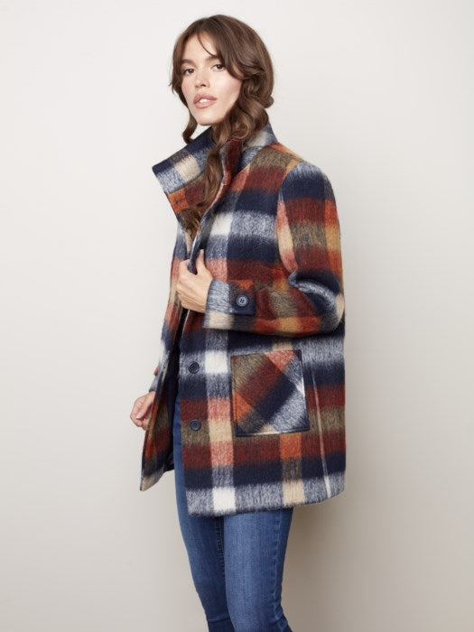 Plaid Brushed Wool Button Front Plaid Coat