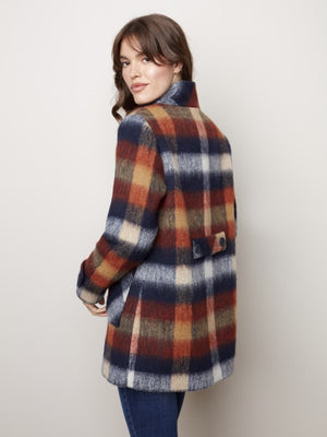 Plaid Brushed Wool Button Front Plaid Coat