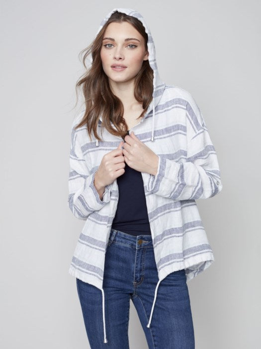 Charlie B Linen Long Duster Jacket with Hood - Nautical