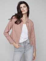 Charlie B Linen Jean Jacket Style with Frayed Edge - Nougat