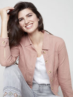 Charlie B Linen Jean Jacket Style with Frayed Edge - Nougat