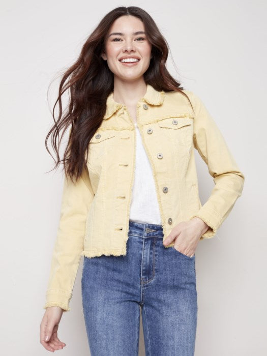 Charlie B Stretch Twill Jean Jacket with Fray Hem - Banana
