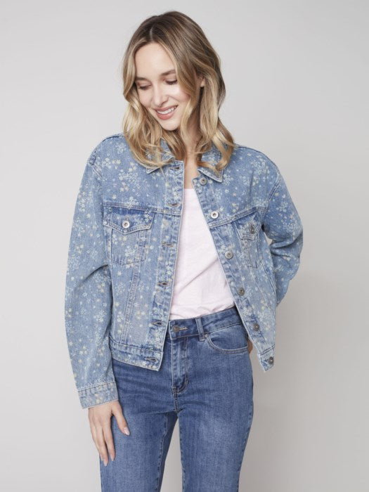 Charlie B Ditsy Print Denim Boyfriend Jean Jacket 