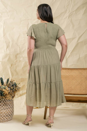Blu Pepper Smocked Tiered Midi Dress - Light Olive