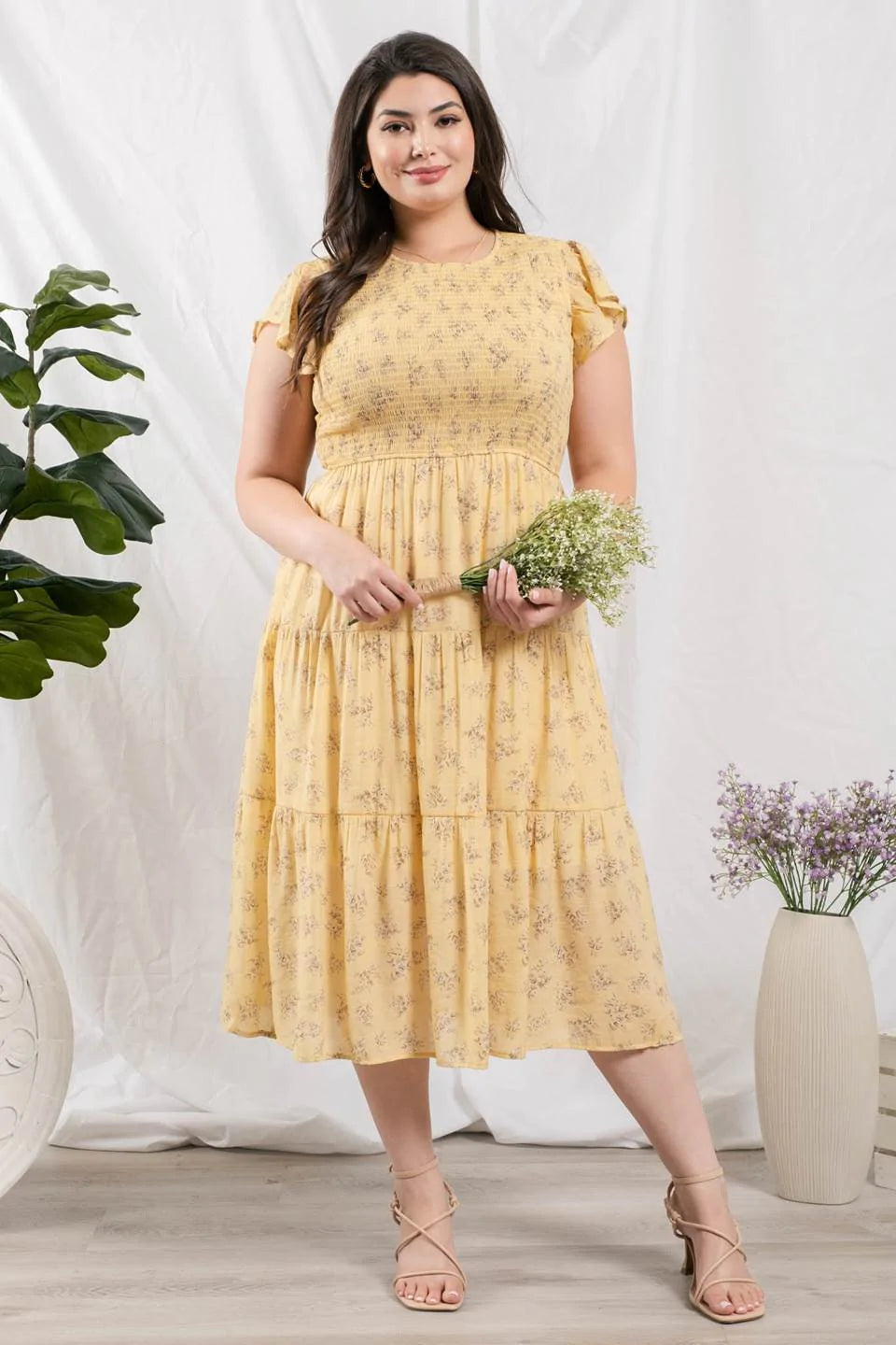 Blu Pepper Smocked Tiered Midi Dress - Light Yellow