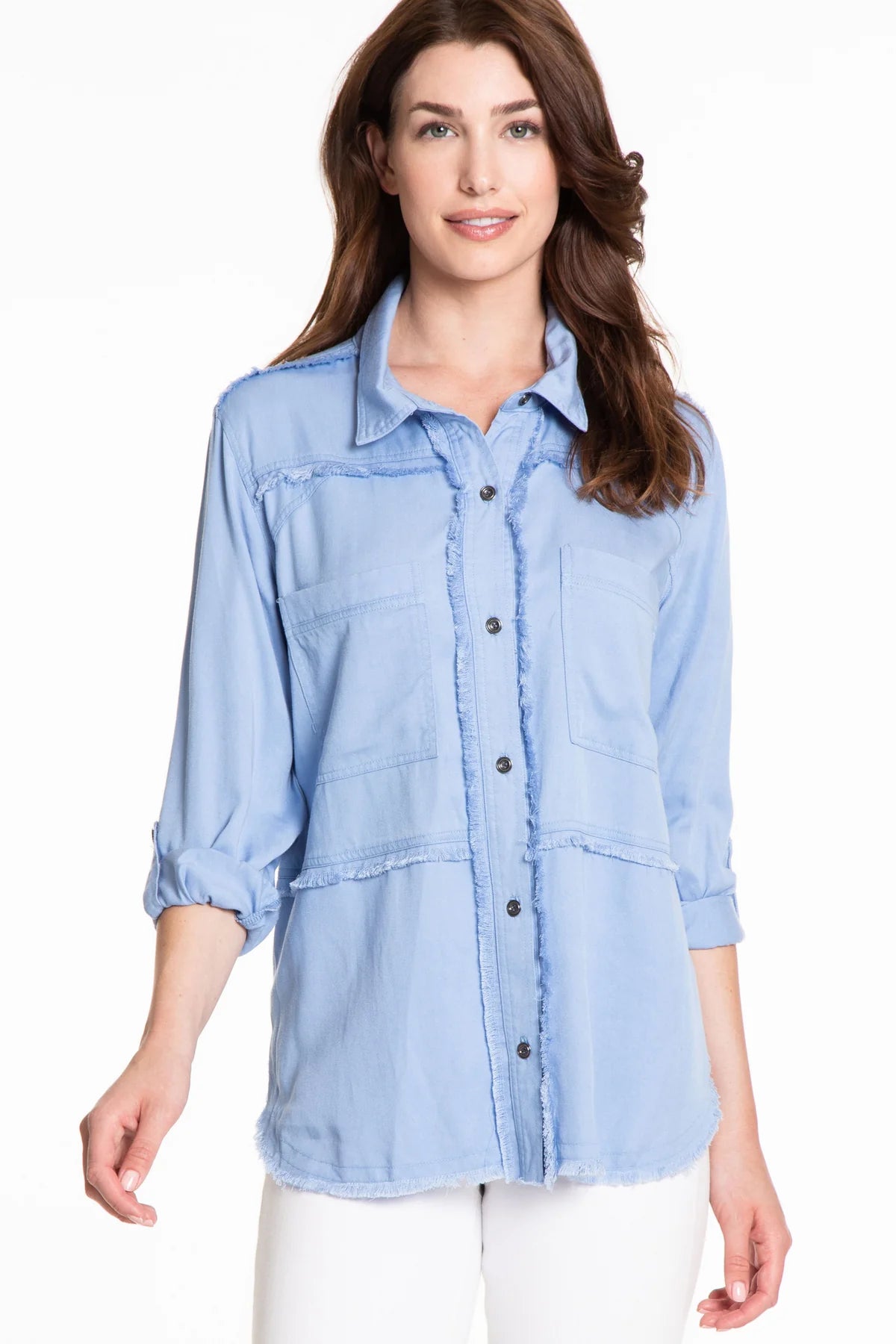 Fringed Button Down Shirt - Medium Blue