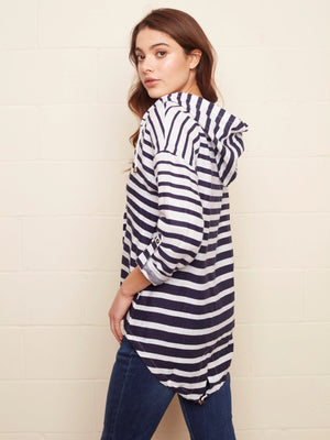 Charlie B Linen Long Duster Jacket with Hood - Nautical