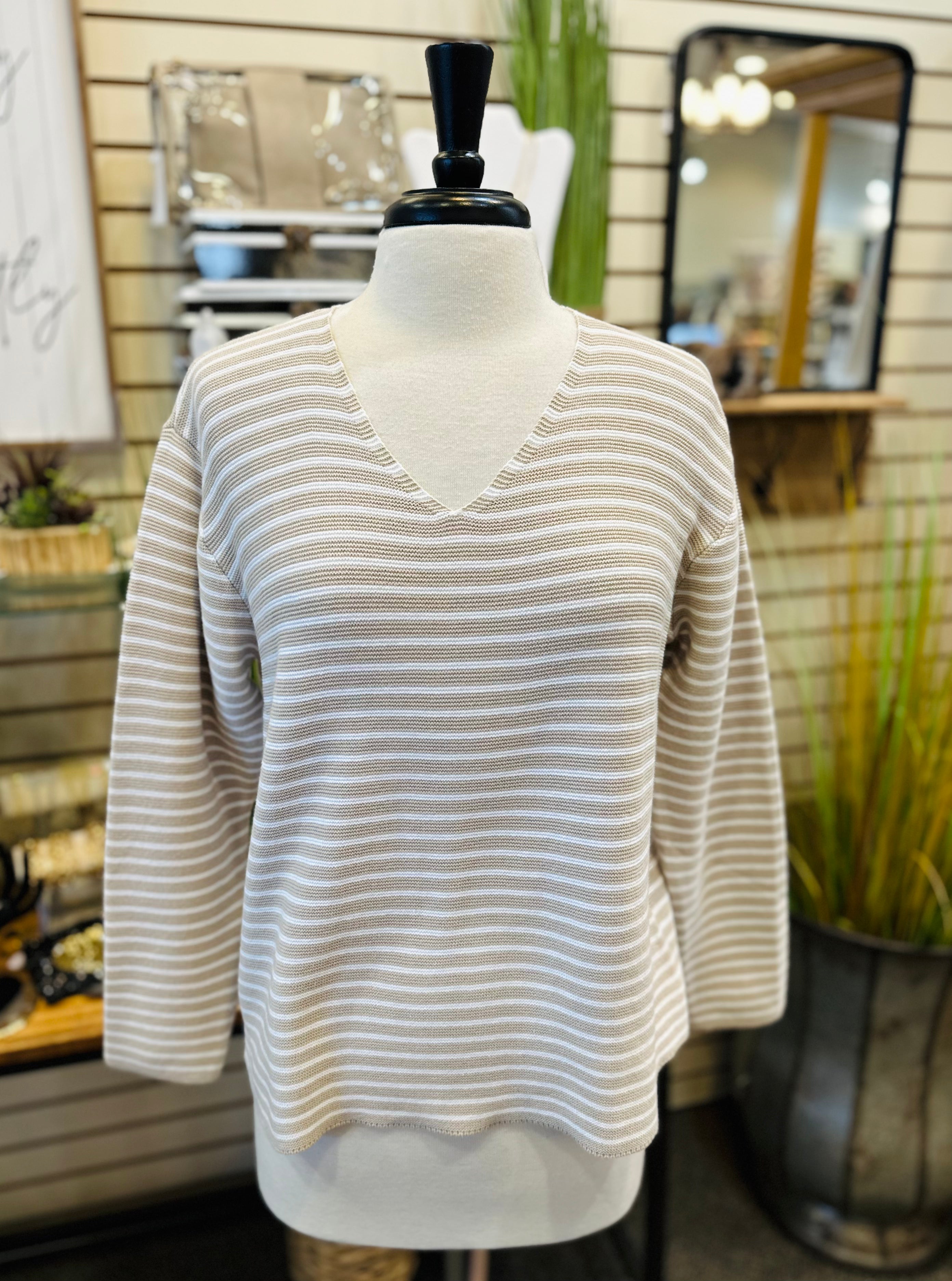 Lulu B Striped Pearl Knit V-Neck Sweater