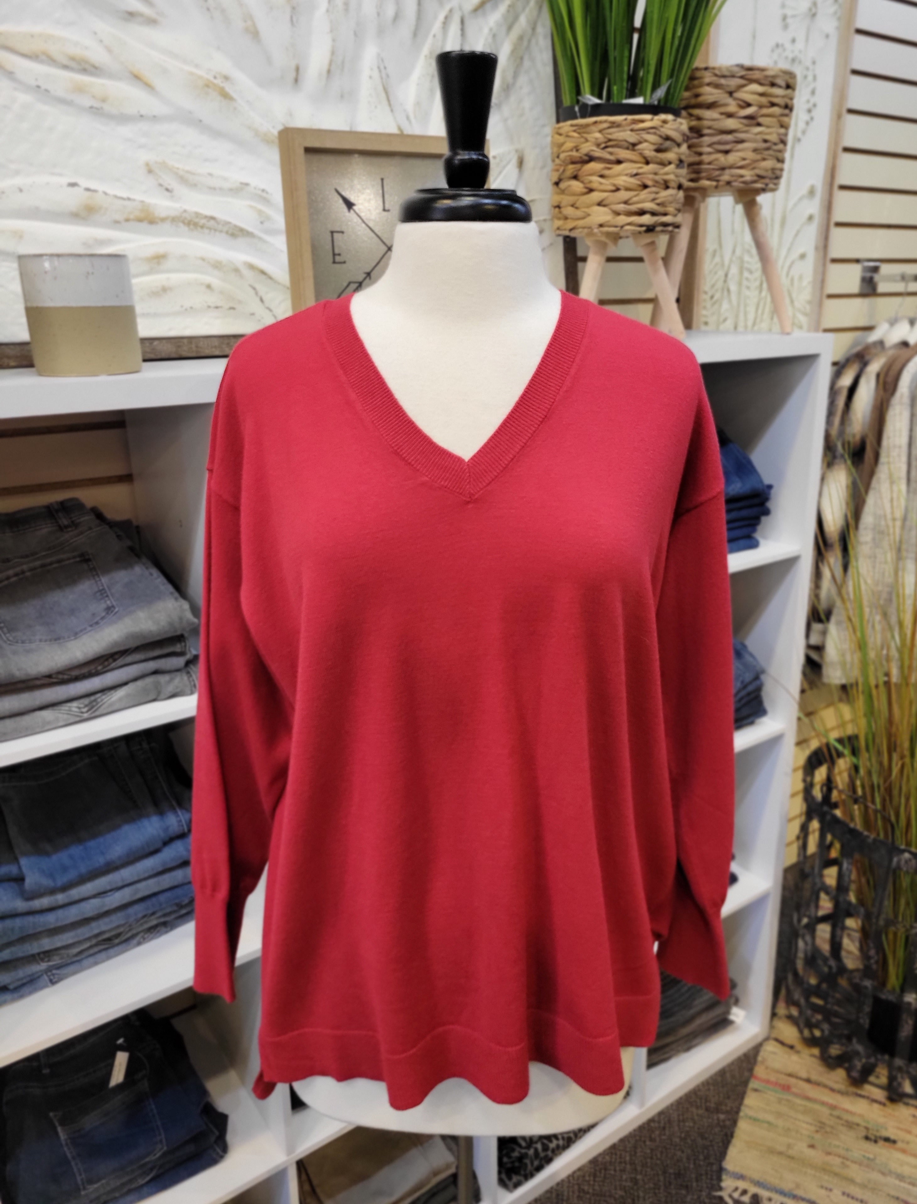 Lulu B Ribbed Trim V-Neck Sweater - Crimson