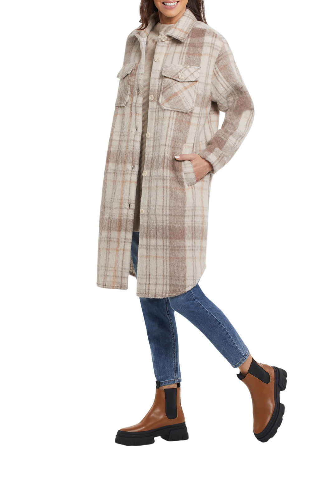 Camel Plaid Drop Shoulder Coat